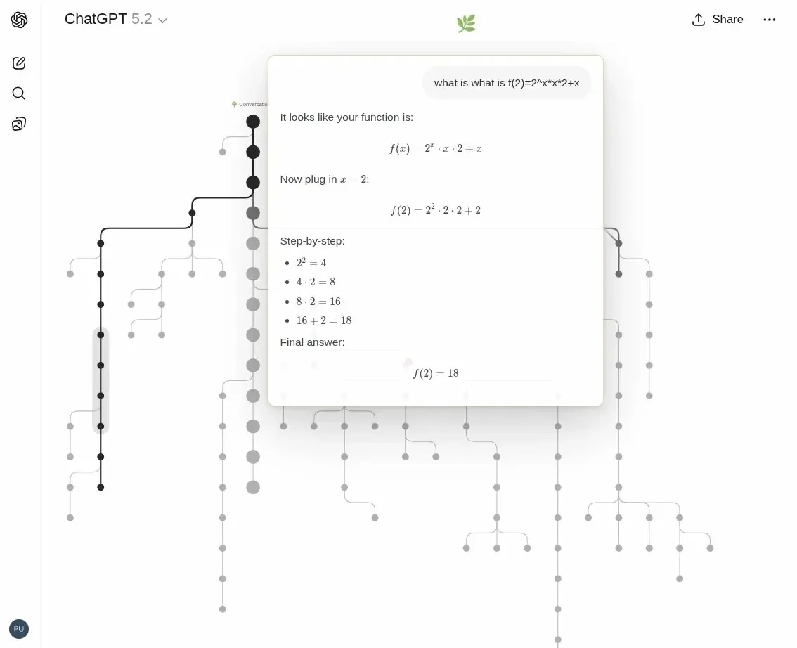 Tangent's canvas on a real conversation: Shift+hover shows a node's full prompt and response